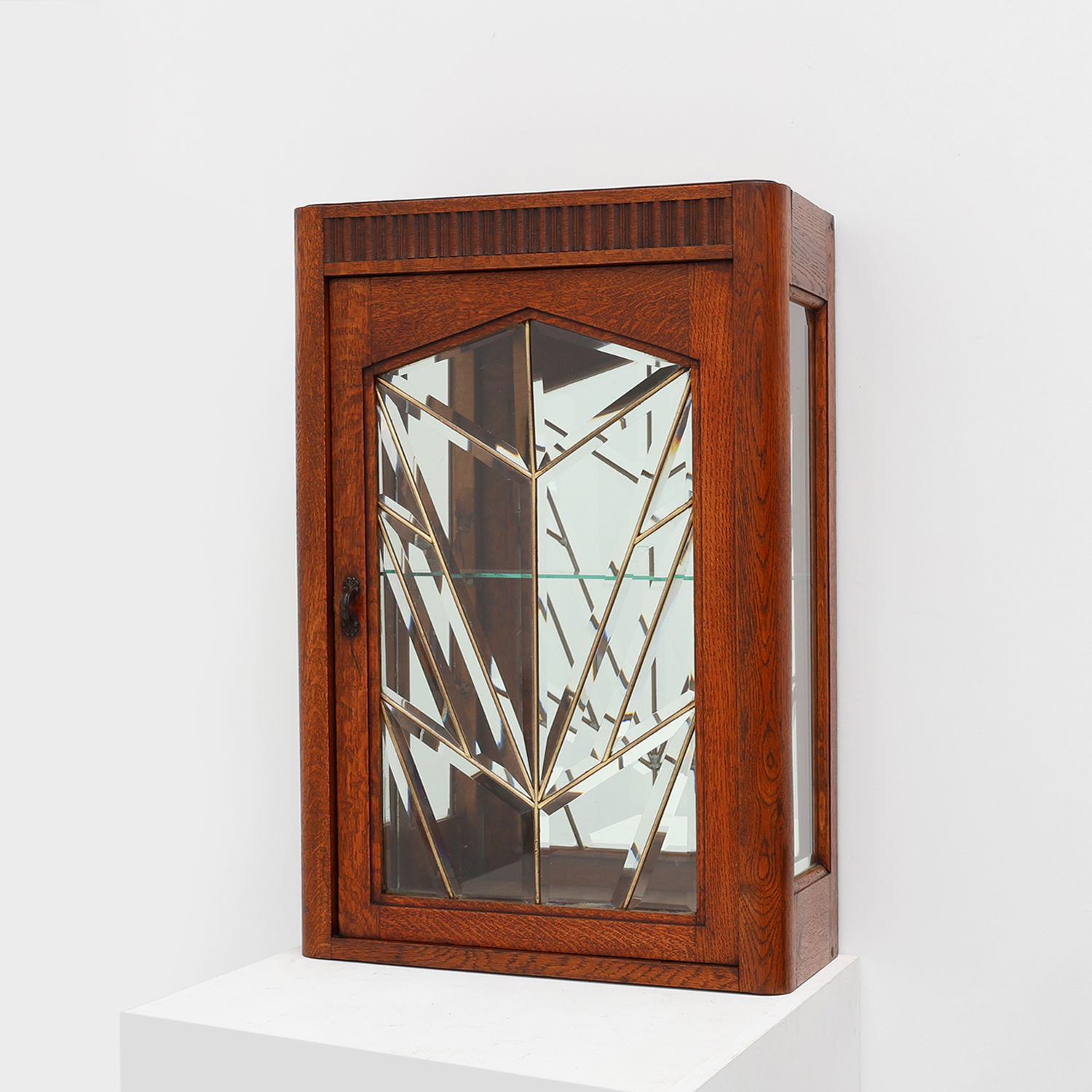 French Art Deco Oak Cabinet with Beveled Leaded Glass, ca. 1920-img